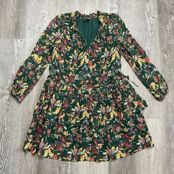 FRYE Floral Dress Size Medium Tie Split Neck Ruffle Tiered Green BoHo - Picture 1 of 15